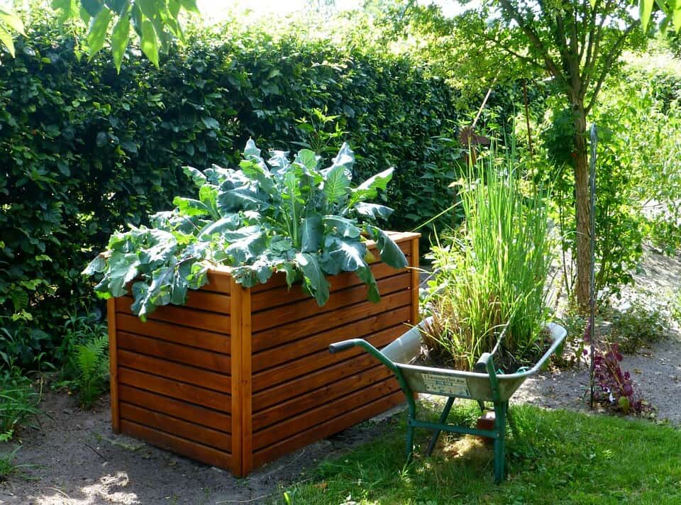 Garden raised bed with a wheelbarrow